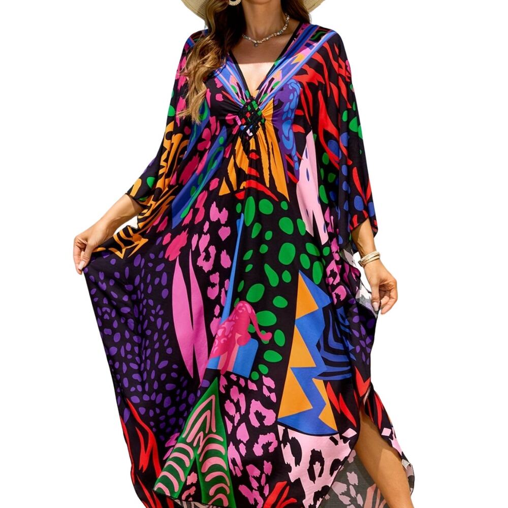 Colorful V-Neck Kaftan Popover Cover Up Beach Dress Animal Print One Size